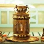 Iron Jaisalmer Mehrab Art Burni Lantern with Diya (Gold_7 Inch X 7 Inch X 12.2 Inch)