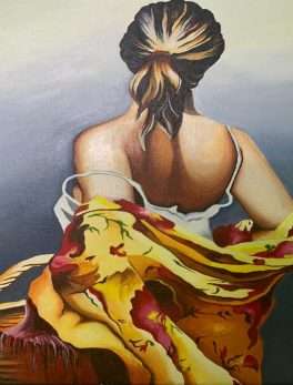 Girl with yellow shawl standing canvas hand painting