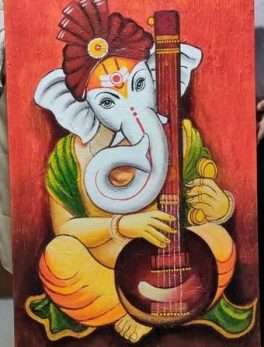Lord Ganesha Playing Veena Canvas Hand Painting
