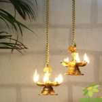 Hanging & Table Brass Diya, Deepak, Deepam (Peacock Diya Pair) with Chain