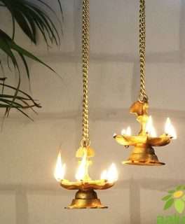Hanging & Table Brass Diya, Deepak, Deepam (Peacock Diya Pair) with Chain