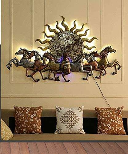 Metal Rising Sun With Seven Horse Wall Hanging