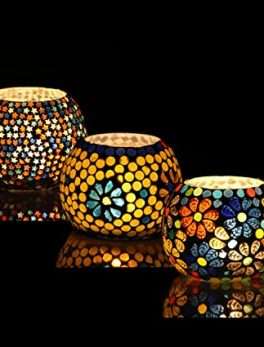 Set of 3 Handmade Glass Mosaic Turkish Moroccan Tea Light Candle Holders