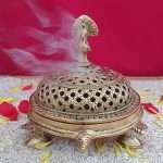 Brass Dhoopdani Loban Lamp with Lid | Peacock Incense Burner