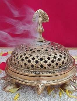Brass Dhoopdani Loban Lamp with Lid | Peacock Incense Burner