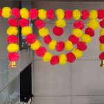 Marigold Fluffy Flower Garlands Toran Bandarwal with Hanging Bells Set for Main Door Wall Hangings