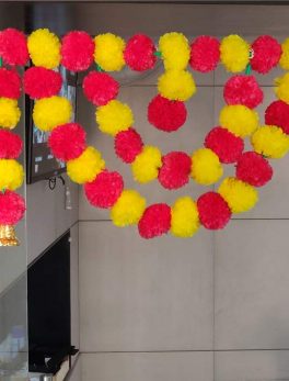 Marigold Fluffy Flower Garlands Toran Bandarwal with Hanging Bells Set for Main Door Wall Hangings