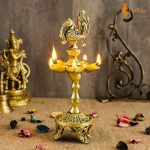 Handmade Peacock Over Ethnic Carved Legs Five Oil Wick Brass Diya