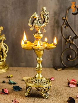 Handmade Peacock Over Ethnic Carved Legs Five Oil Wick Brass Diya