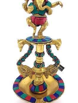 Dancing Ganesha Gemstone Work Brass Oil Diya