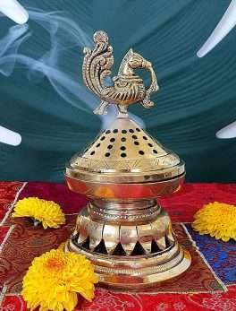 Brass Dhoopdani Loban Lamp with Lid | Peacock Incense Burner for Daily Puja