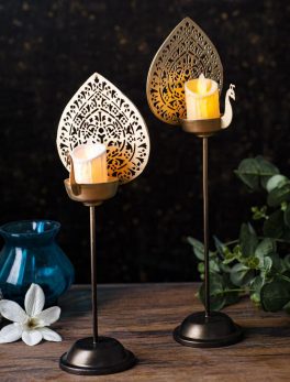 Metal Peacock T-light Stand (Set of 2)
