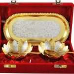 Gold and Silver plated Bowl with serving spoons and Tray set