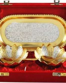 Gold and Silver plated Bowl with serving spoons and Tray set
