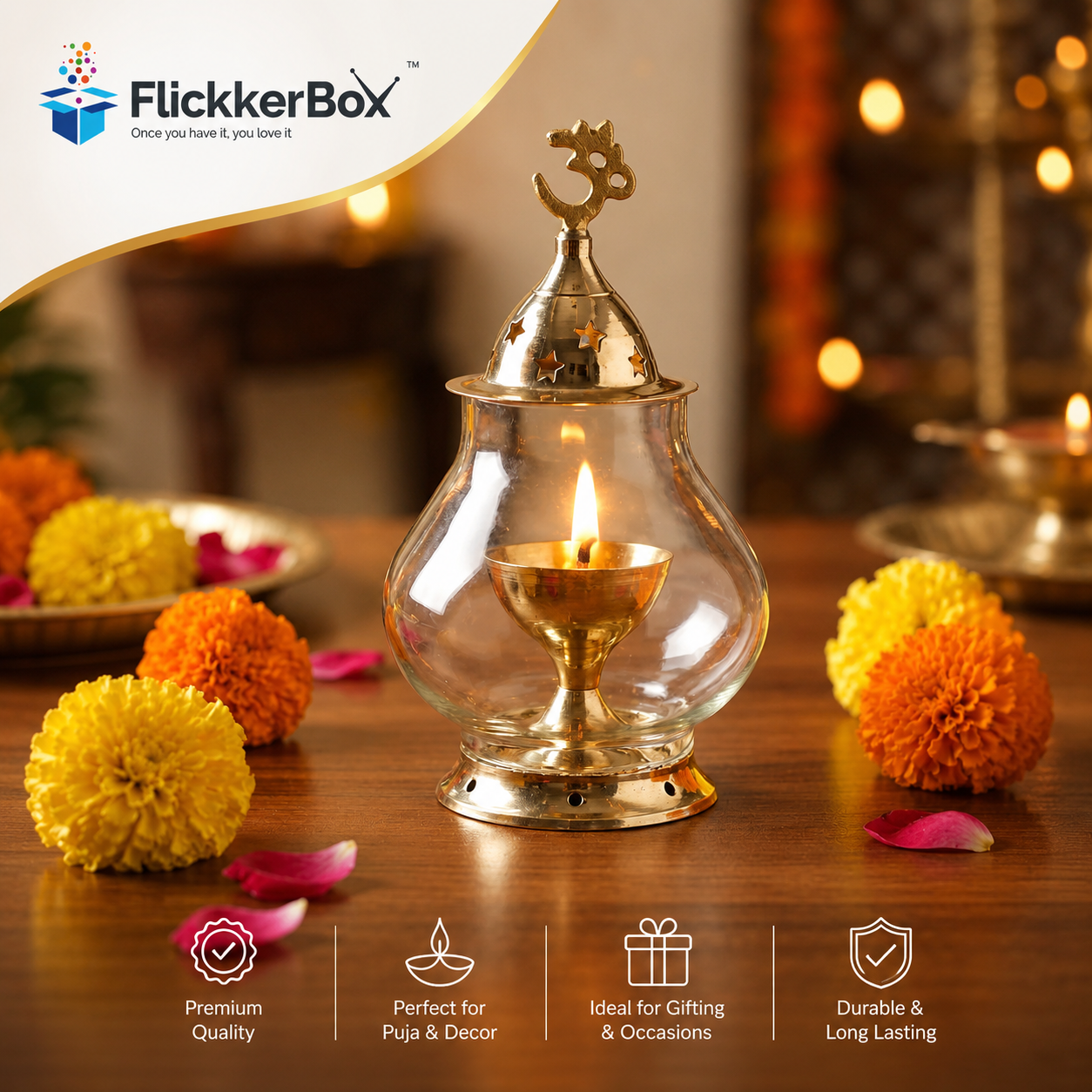 Brass & Glass Akhand Diya/Oil Lamp/Pooja Deepak with Borosilicate Glass - Image 4