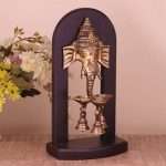 Gold Brass & Wood Ganesh with Bells Hanging Diya