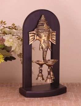 Gold Brass & Wood Ganesh with Bells Hanging Diya