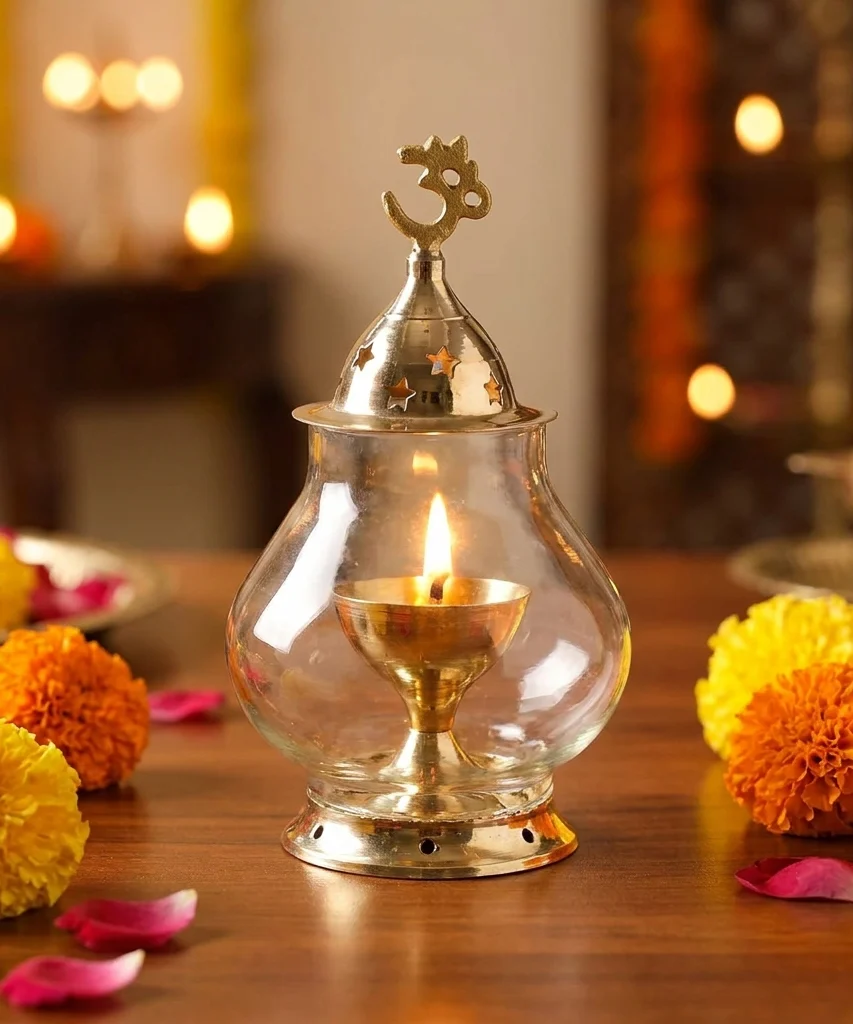 Brass & Glass Akhand Diya/Oil Lamp/Pooja Deepak with Borosilicate Glass