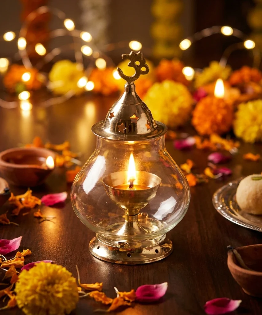 Brass & Glass Akhand Diya/Oil Lamp/Pooja Deepak with Borosilicate Glass - Image 3