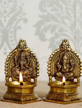 Handcrafted Diya Brown & Gold Brass Laxmi Ganesha