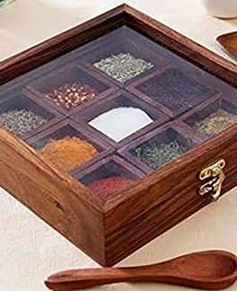 Wooden Masala BoxDabba Containers Jars Cum Kitchen Spice Box with Spoon