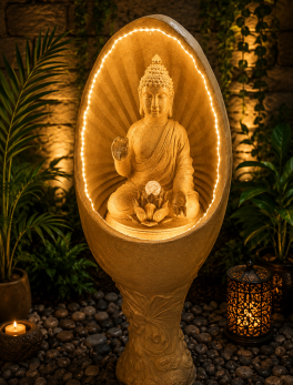 Oval Buddha Fiber Indoor/Outdoor Fountain with Pillar and Led Lights for Home Decor