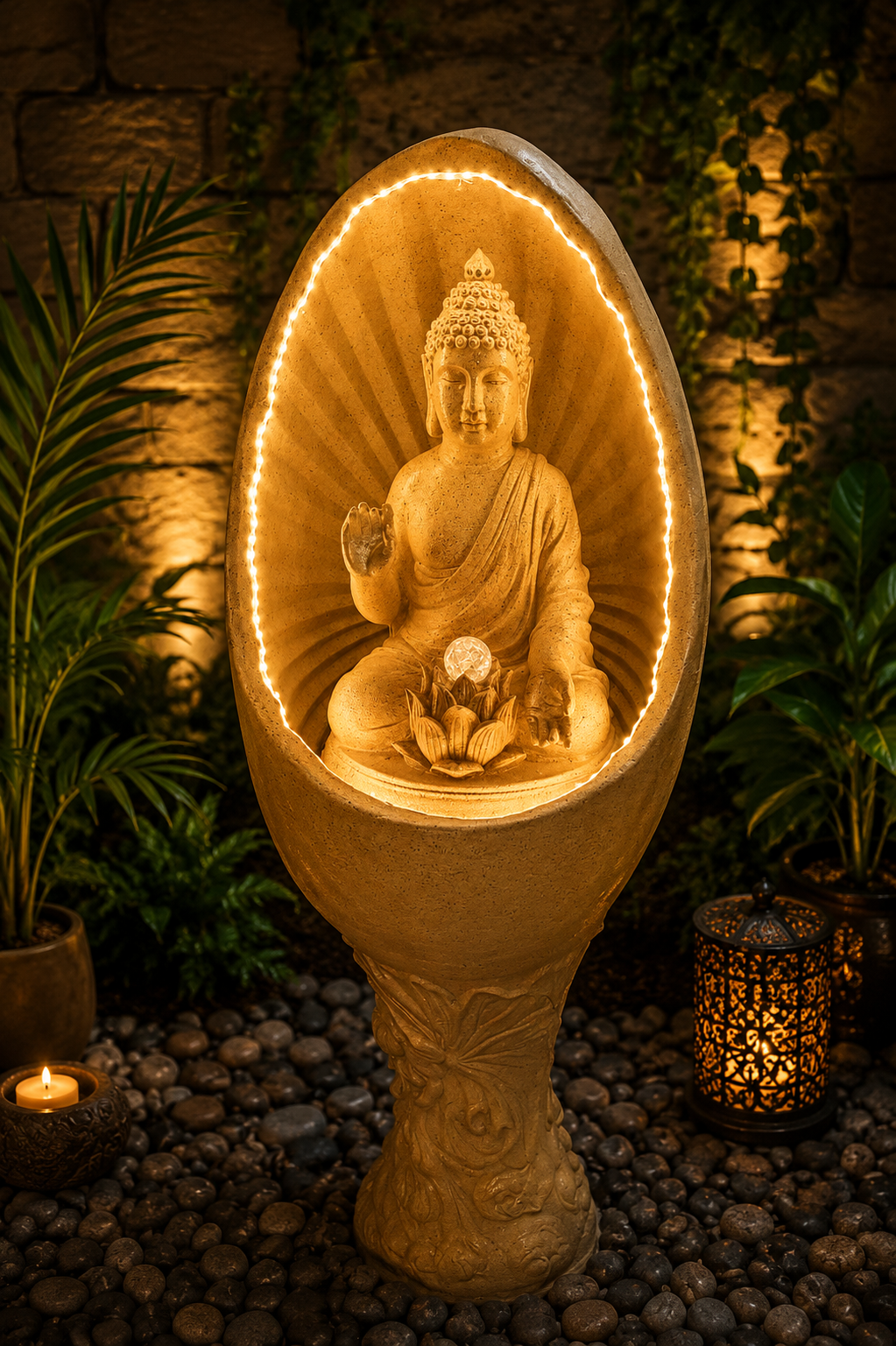 Oval Buddha Fiber Indoor/Outdoor Fountain with Pillar and Led Lights for Home Decor