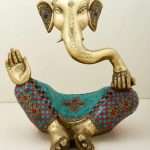 Meditating Lord Ganesha Handcrafted Brass Idol with Colourful Stone Work For Home