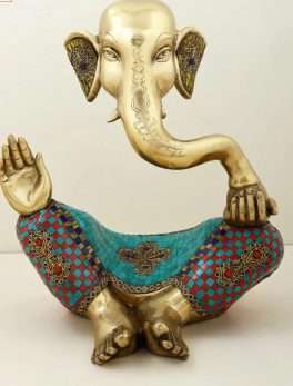 Meditating Lord Ganesha Handcrafted Brass Idol with Colourful Stone Work For Home