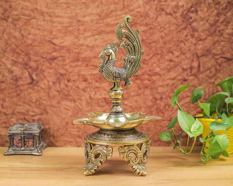 brass peacock diya stand