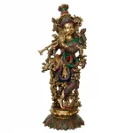 Colorful Lord Krishna Playing Flute Handcrafted Brass Idol With Stone Work For Home Decor