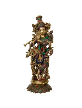 Colorful Lord Krishna Playing Flute Handcrafted Brass Idol With Stone Work For Home Decor
