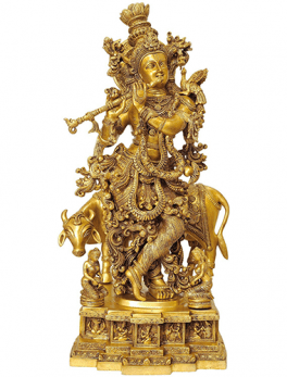 Brass Krishna With Cow And Flute