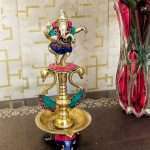 Brass Dancing Ganesha Gemstone Work Oil Diya