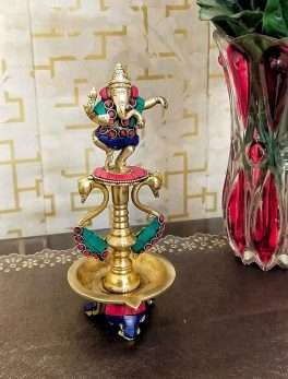 Brass Dancing Ganesha Gemstone Work Oil Diya