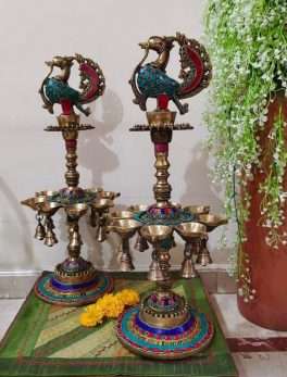 Brass Peacock Diya with Stone Work (Set of 2)