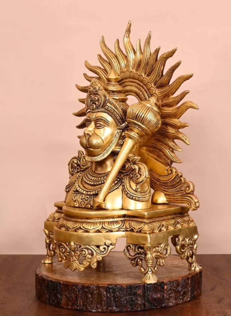 Brass Hanuman Murti With Gada Sitting Statue - Image 2