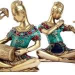 Brass Stone Work Musical Ladies Figures (Standard, Gold)-Set of 4