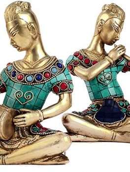 Brass Stone Work Musical Ladies Figures (Standard, Gold)-Set of 4