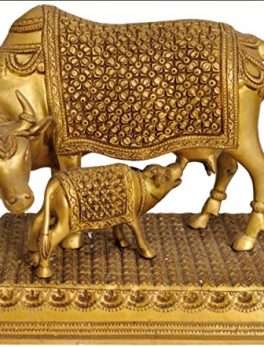 Brass Cow And Calf Statue Idol Fine Work Brass Kamdhenu Religious Idol