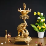 Golden Decorative Brass Elephant Diya Stand for 5 Wicks