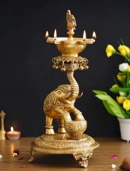 Golden Decorative Brass Elephant Diya Stand for 5 Wicks