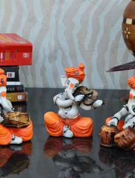 Set of 3 Ganesha Playing Dholak, Violen and Tabla Idols