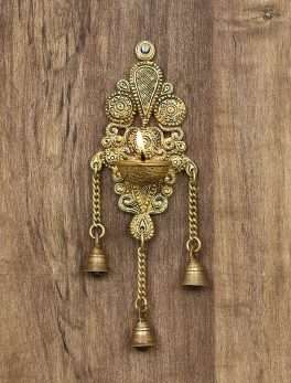 Antique Finishing Decorative Handcrafted Brass Wall Hanging Diya with Bells