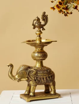 Peacock Brass Oil Diya lamp on elephant stand