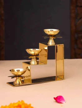 Brass Lotus Diya Oil Puja Lamp Piller Stand 3 Step Diya
