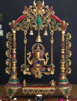 Lord Ganesha On Decorated Swing Handcrafted Brass Idol with Stone Work