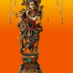 Stone Work Brass Krishna Statue Playing with Flute.