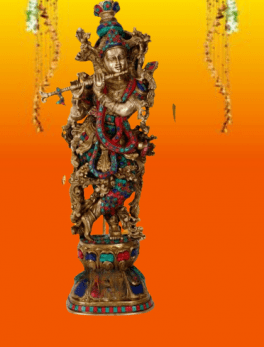 Stone Work Brass Krishna Statue Playing with Flute.