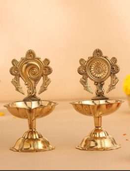 Brass Shanku Chakra Kuber Diya, Deepam for Home Pooja Decor & Gifting (Gold, Set of 2)